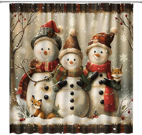 Cortina de Ducha de Navidad Familia de Muñeco de Nieve Retro Zorro Rústico Casa de Campo Invierno Vacaciones Vintage Tela Cortinas de Baño Beige