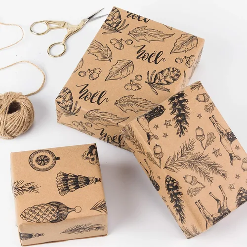 Miniatura 3 de RUSPEPA - Papel para envolver regalos de Navidad, papel kraft café con impresión de elementos navideños negros - 4 rollos de 30 pulgadas x 10 pies