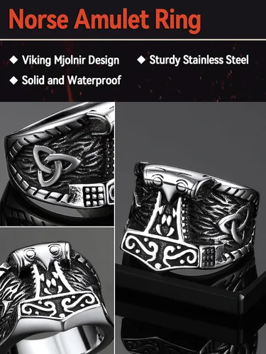 Miniatura 4 de FaithHeart Norse Viking Jewelry - Anillo de acero inoxidable de guerrero para hombre con diseño vikingo de cabeza de lobomartillo de Thor