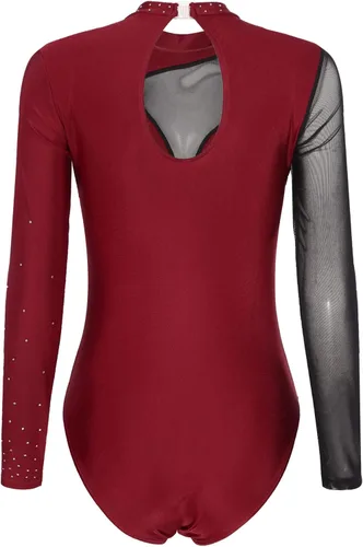 Miniatura 9 de iiniim Leotardo de malla para mujer, con diamantes de imitación, de malla, de manga larga, leotardos de gimnasia