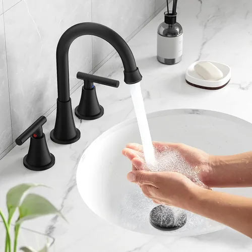 Miniatura 4 de Hurran - Grifos de baño para fregadero de 3 agujeros, juego central de 4 pulgadas y grifo de lavabo de baño negro mate con drenaje emergente, grifo