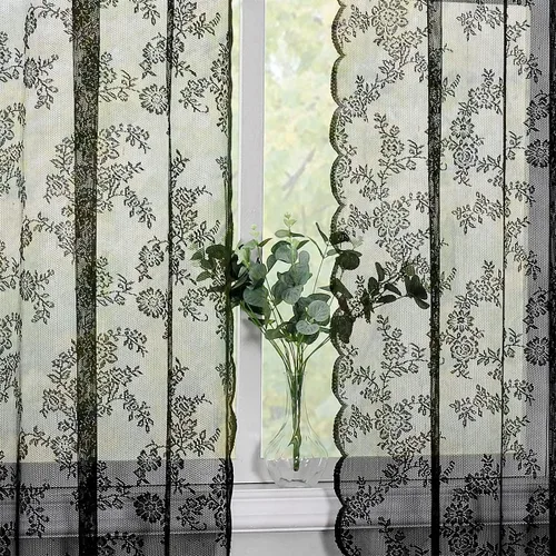 Miniatura 4 de Cortinas traslúcidas de encaje negro de 108 pulgadas para dormitorio, cortinas clásicas con bordado de rosa negra, cortinas traslúcidas de punto