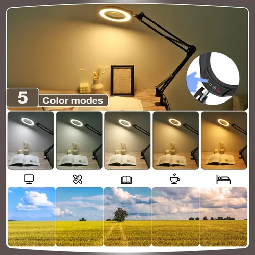 Miniatura 2 de VEEMAGNI Lupa grande de cristal real de 12 x 5 pulgadas con luz y soporte, 5 modos de color regulable, brazo giratorio largo LED abrazadera lámpara
