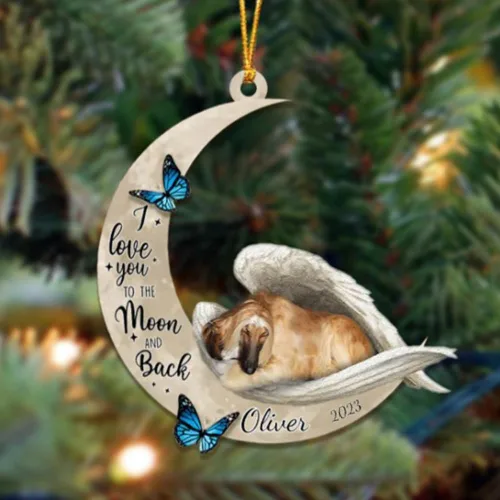 Adorno colgante personalizado de ángel durmiendo en la luna, perro sabueso afgano, nombre personalizado, acrílico impreso en 2D plano – cumpleaños,