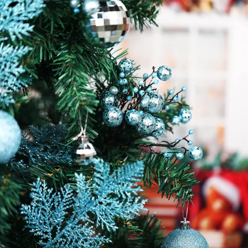 Miniatura 6 de Sratte 94 piezas de adornos para árbol de Navidad, adornos de bolas de Navidad con purpurina, flores de nochebuena, decoraciones con bayas Azul