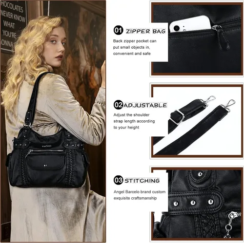 Miniatura 25 de Angel Barcelo - Bolsa de hombro amplia para mujer, diseño Hobo, cuero lavado