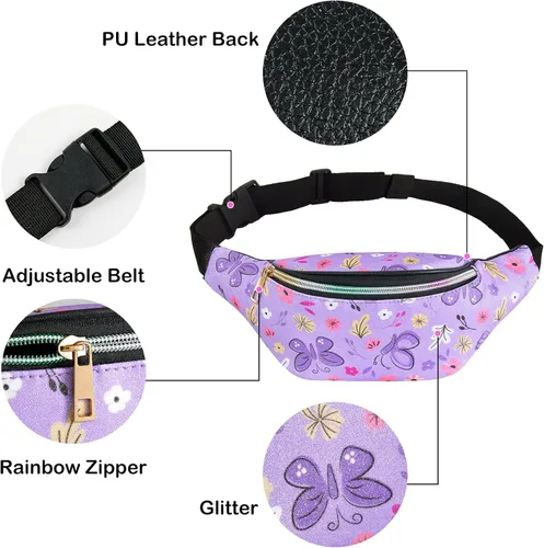 Miniatura 4 de QtGirl Riñonera para niños, bolsa de cintura con purpurina brillante con cinturón ajustable para niños, correr, acampar, viajes