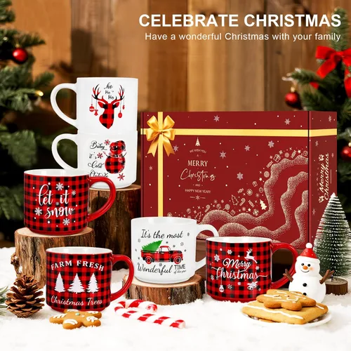 Miniatura 7 de QIKSION Juego de 6 Tazas de Café Navideñas de 16 oz, Grandes Tazas de Chocolate Caliente, Juego de Tazas de Cerámica de Cocoa para Vacaciones Regalo