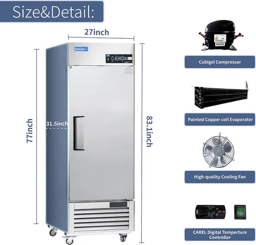 Miniatura 3 de ICECASA Refrigerador comercial de 27 pulgadas de ancho, 23 pies cúbicos de una sola puerta sólida de acero inoxidable, ventilador de refrigerador