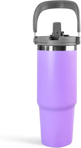 Miniatura 18 de Vaso de 20 onzas con asa, vaso aislado con tapa y popote abatible a prueba de fugas, de acero inoxidable de doble pared, taza de café de viaje