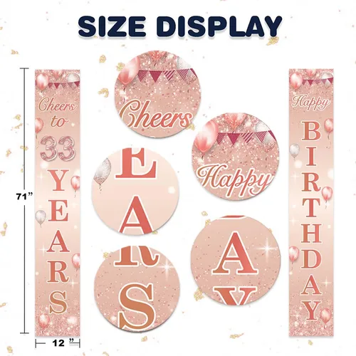 Miniatura 2 de Cartel de oro rosa con texto en inglés «Happy Birthday» «Cheers to 33 años», globos de confeti para decoración temática de confeti para puerta