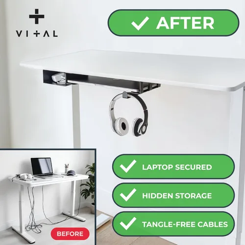 Miniatura 2 de VI+AL Soporte para laptop debajo del escritorio - Estante oculto de metal con almacenamiento lateral, gancho y organizador de cables - Se instala