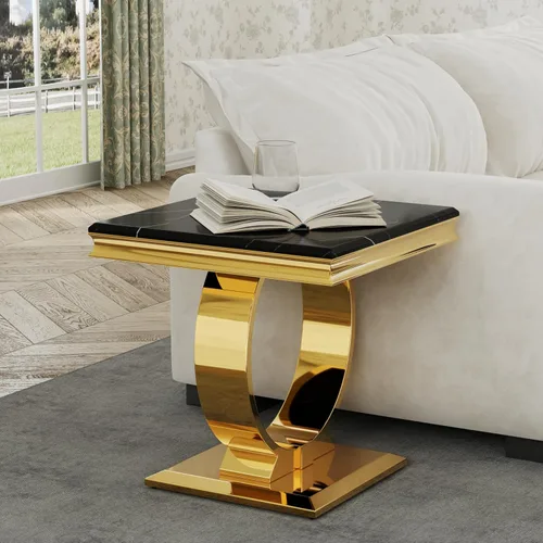 Miniatura 5 de Asday Mesa auxiliar dorada, moderna mesa auxiliar negra para sala de estar con base en U de metal dorado, mesa auxiliar cuadrada para sofá, sala