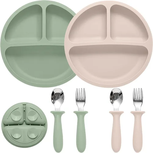 Miniatura 10 de Eascrozn Juego de Alimentación para Bebé, 2 Paquetes de Placas de Succión Divididas de Silicona para Bebé, 2 Paquetes de Juego de Cucharas