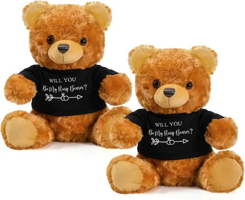 Jexine 2 piezas de peluche de oso de boda de 10 pulgadas con texto en inglés "Will You Be My Flower Gril Bear Bearer", regalo de propuesta de novia
