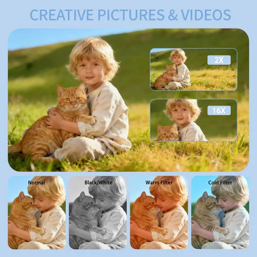 Miniatura 6 de Cámara digital, cámara 4K de 64 MP para niños con pantalla IPS de 2.8 pulgadas, tarjeta SD de 64 GB y zoom digital de 16X, cámara compacta