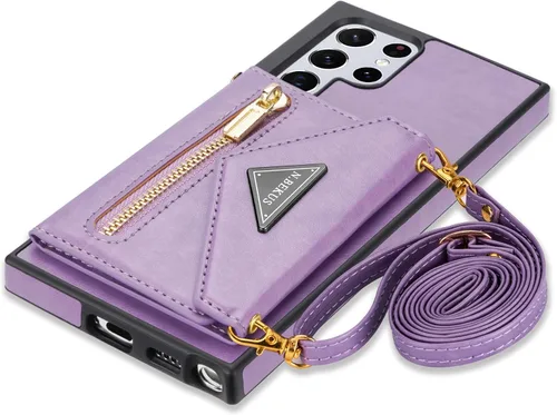Miniatura 12 de Funda tipo cartera cruzada de piel sintética para Samsung Galaxy S22 Ultra 5G, 6.8 pulgadas, tarjetero, monedero con cremallera y soporte (negro)