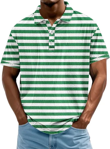 Miniatura 24 de Camisa polo de manga corta para hombre, camiseta de golf a rayas, de manga corta, para vacaciones, casual, cuello en V, camiseta de verano con Rojo