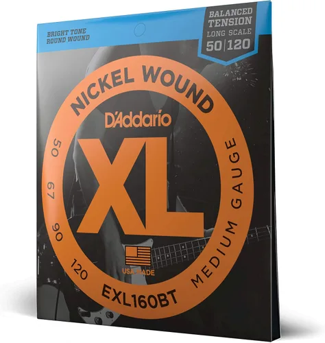 D'Addario Cuerdas de Bajo Eléctrico - EXL160BT 50-120 - Cuerdas de Bajo Enrolladas en Níquel - Para Bajo de 4 Cuerdas - Tensión Equilibrada Media