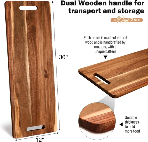 Miniatura 2 de Bokon 2 tablas de madera de acacia para charcutería con asa, bandeja de madera rectangular con mango hueco, bandeja de madera para servir queso