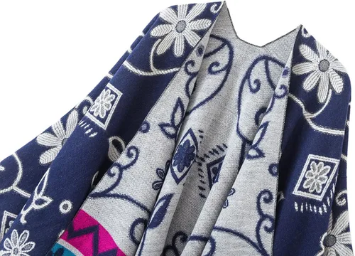 Miniatura 2 de Poncho con flecos, con estampado vintage, estilo retro, a la moda, para mujer. Capa, chal.
