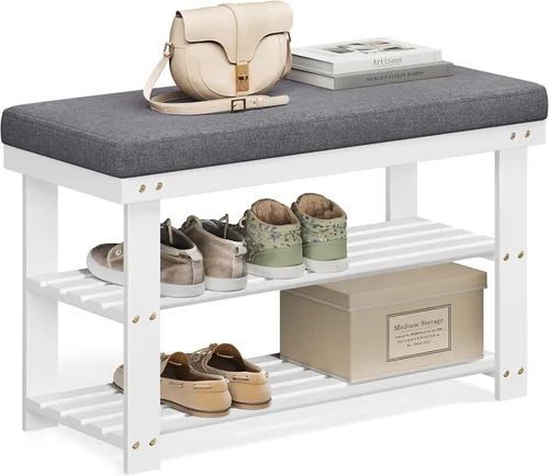 Miniatura 7 de SONGMICS Banco de zapatos de bambú, organizador de zapatos de 3 niveles para entrada, sala de estar, asiento de banco con capacidad para hasta 300