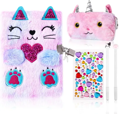 DHQH Diario de Gato con Candado Regalo para Niña de 6, 7, 8, 9, 10, 11, 12 Años, Diario Secreto Cuaderno para Niños Set de Regalo de Navidad