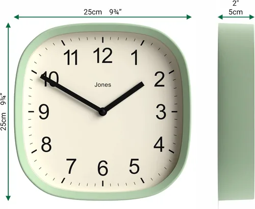 Miniatura 4 de JONES CLOCKS® Reloj de pared Sprite Reloj cuadrado redondo retro moderno 10 pulgadas Verde menta Neo Números fáciles de leer Perfecto