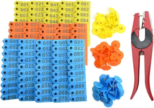 WMYCONGCONG 300 unidades 1-100 números de plástico para ganado etiqueta de animal azul amarillo naranja y aplicador de etiquetas de oreja para oveja