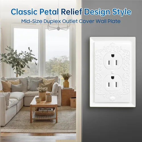 Miniatura 2 de Cubiertas de enchufe decorativas modernas de estilo clásico con diseño en relieve de pétalo, blanco, placa de pared para receptáculo eléctrico