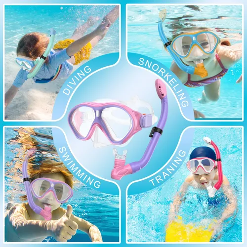 Miniatura 7 de Gintenco Equipo de esnórquel para niños, juego de esnórquel para niños de 6 a 14 años, gafas de natación de vidrio templado antivaho antifugas