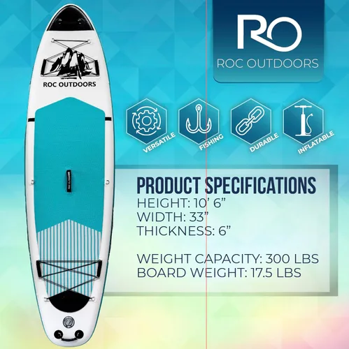 Miniatura 3 de Roc Tabla de remo inflable con accesorios de tabla de remo de SUP de alta calidad, diseño amplio y estable, cubierta antideslizante y cómoda