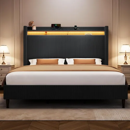 Miniatura 13 de Base de cama tamaño King con cabecera alta, base de cama tapizada con estación de carga y luces LED, moderna cabecera de almacenamiento con respaldo