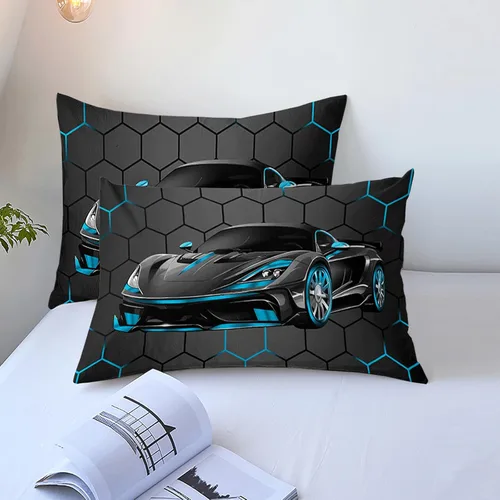 Miniatura 6 de Juego de Ropa de Cama Individual para Niños con Coches de Carrera, Juego de Edredón de Tamaño Individual con Coche Deportivo Azul para Niños, Juego