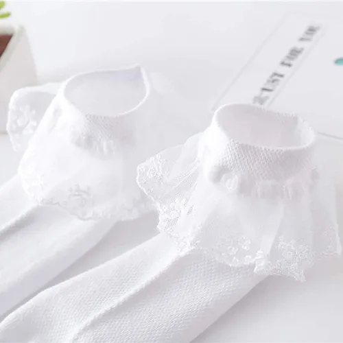 Miniatura 19 de Looching 4 pares de calcetines de encaje de princesa de algodón con volantes sólidos para niñas pequeñas