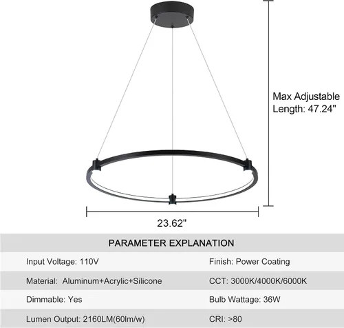 Miniatura 5 de Lámpara colgante LED moderna regulable de 23.6 pulgadas, color negro, 1 anillo circular, para sala de estar, comedor, cocina, oficina, vestíbulo