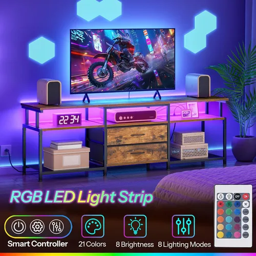 Miniatura 4 de HOOBRO - Soporte de TV con toma de corriente y luz LED, centro de entretenimiento para televisores de hasta 65 pulgadas, consola de medios moderna