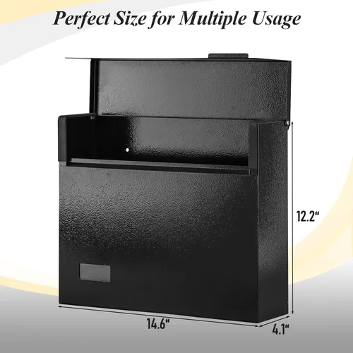 Miniatura 2 de xydled Buzón de correo de montaje en pared para exterior, buzón de metal colgante de acero de gran capacidad, buzón moderno, negro, 14.6 x 12.2 x