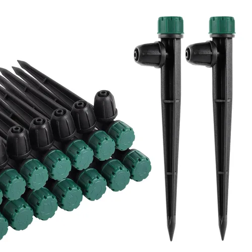 Miniatura 12 de Pulverizadores de emisores de riego por goteo para tubo de 1/4 de pulgada, rociador de flujo de agua ajustable de 360 grados en estaca de flecha