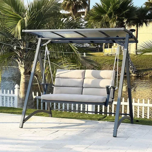 Miniatura 14 de PURPLE LEAF Silla Columpio Nube de 2 Asientos con Soporte Banco Deslizante Loveseat de Mimbre para Patio Colgante Balanceante para Interior Exterior