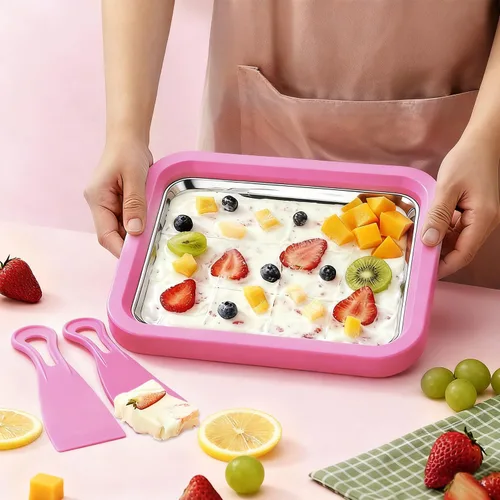 Miniatura 3 de Máquina de helados enrollada con 2 raspadores, bandeja de acero inoxidable de grado alimenticio para yogur congelado y granizado, hecho en casa