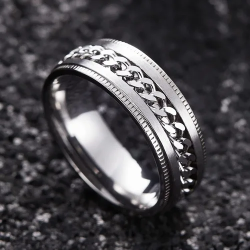 Miniatura 127 de King Will - Anillo antiestrés de acero inoxidable 316L para hombres y mujeres, con cadena decorativa giratoria, 8 mm de ancho, anillo de boda