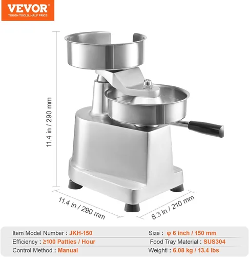 Miniatura 7 de VEVOR Prensa Comercial para Hamburguesas, Prensa para Hamburguesas de 150mm/6pulgadas, Prensa de Acero Inoxidable de Grado Alimentario