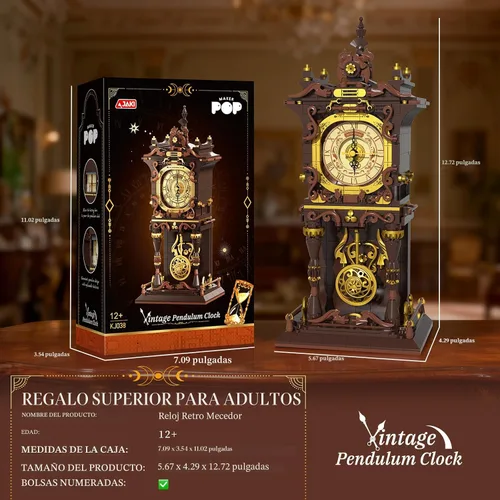 Miniatura 5 de Juego de bloques de construcción de reloj de péndulo vintage, péndulo móvil que funciona realmente y esfera giratoria, juguetes de bloques