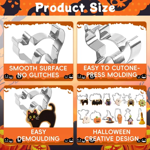 Miniatura 3 de Juego de 12 cortadores de galletas de Halloween, de acero inoxidable, lindo cortador de galletas, incluye calabaza, fantasma, bruja, zombi, cráneo