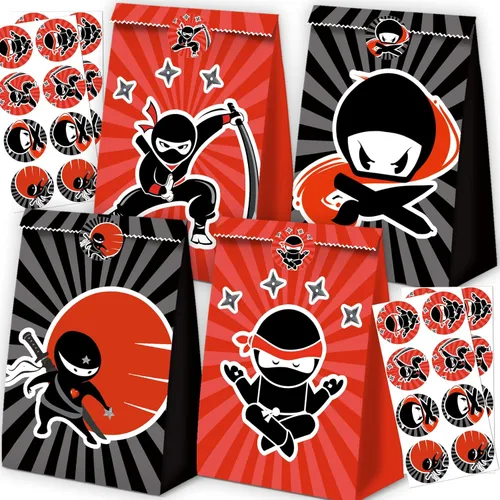 WQT 24 bolsas de regalo de fiesta ninja para niños, suministros de cumpleaños, bolsas de golosinas, decoraciones en negro