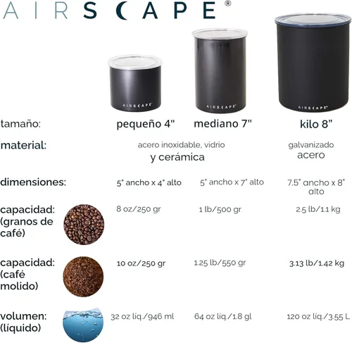 Miniatura 6 de Planetary Design Airscape® - Recipiente de café de acero inoxidable Contenedor de almacenamiento de alimentos Tapa interna patentada de émbolo