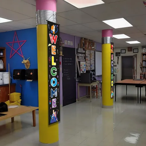 Miniatura 5 de Cartel de bienvenida de regreso a la escuela para el primer día de escuela, decoración colgante listo para aprender, decoración de telón de fondo