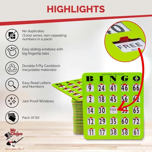 Miniatura 3 de MR CHIPS Tarjetas de bingo con punta de dedo de impresión grande a prueba de atascos y fáciles de leer con ventanas deslizantes, paquete de 50 50