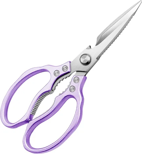 AWinjoy Tijeras de cocina afiladas resistentes, aptas para lavavajillas, tijeras de cocina para carne, pollo, pescado, aves, hierbas, pan (morado)